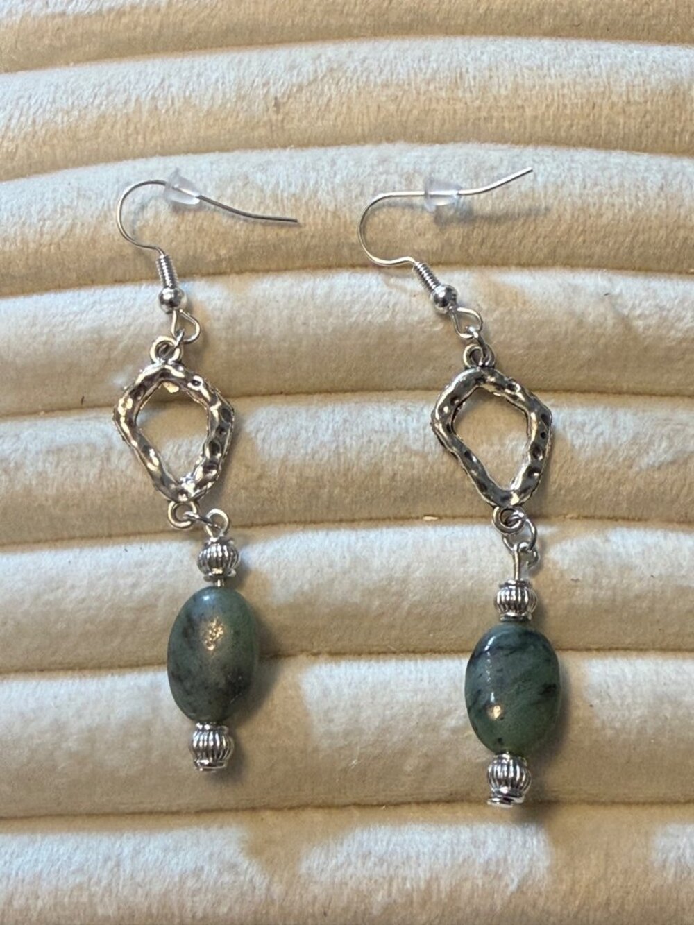 Woodland Whisper – Green Oval & Silver-Tone Dangle Earrings
